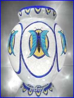 1925 Ch. Catteau Keramis Boch Énorme Vase Papillons En Faïence Fine Art Déco