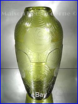 1930 Montjoye S. D Legras Grand Vase Verre Gravé À L'acide Et Au Sable Art Déco