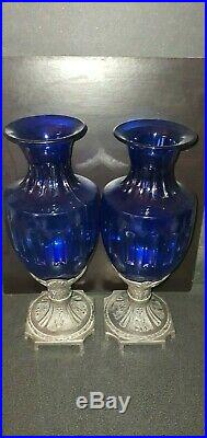 2 Ancien Vase Urne Verre Regule Art Nouveau Deco Paire Belle Decoration Bleu H33