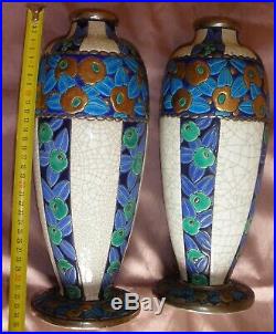 2 grands vase Emaux de Longwy Modèle Art Déco années 30 Fleurs stylisées