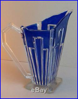 ART DECO 1930 vase pichet en cristal décor bleu vintage