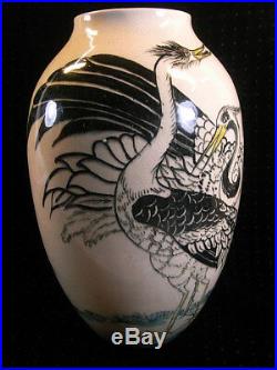 Ancien Grand Vase Art Deco Nouveau Oiseau Grue Heron Signe
