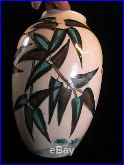 Ancien Grand Vase Art Deco Nouveau Oiseau Grue Heron Signe