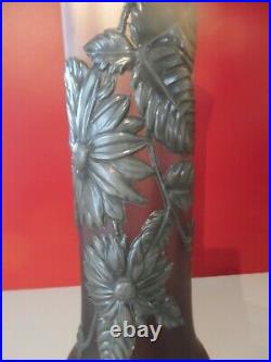 Ancien Vase Art Nouveau En Verre Réhaussé A L'étain No Daum Nancy Art Déco 40 cm