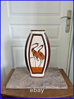 Ancien Vase Céramique Craquelé Méplat Art Déco Echassier KERALOUVE LA LOUVIERE Ancien Vase Céramique Craquelé Méplat Art Déco Echassier KERALOUVE LA LOUVIERE