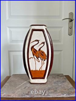 Ancien Vase Céramique Craquelé Méplat Art Déco Echassier KERALOUVE LA LOUVIERE Ancien Vase Céramique Craquelé Méplat Art Déco Echassier KERALOUVE LA LOUVIERE