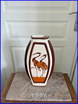 Ancien Vase Céramique Craquelé Méplat Art Déco Echassier KERALOUVE LA LOUVIERE Ancien Vase Céramique Craquelé Méplat Art Déco Echassier KERALOUVE LA LOUVIERE