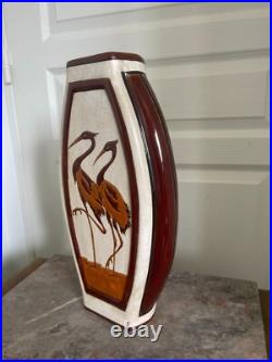 Ancien Vase Céramique Craquelé Méplat Art Déco Echassier KERALOUVE LA LOUVIERE Ancien Vase Céramique Craquelé Méplat Art Déco Echassier KERALOUVE LA LOUVIERE