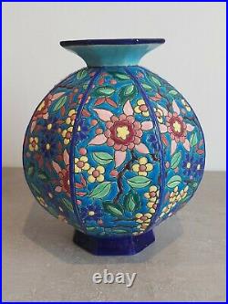 Ancien Vase Octogonal Art Deco Emaux Longwy