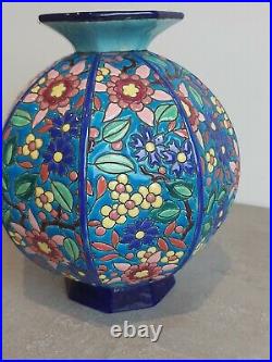 Ancien Vase Octogonal Art Deco Emaux Longwy