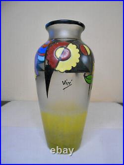 Ancien vase en pâte de verre émaillé fleur époque art déco vers 1925 signé Vicé