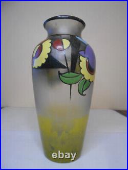 Ancien vase en pâte de verre émaillé fleur époque art déco vers 1925 signé Vicé
