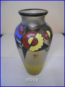Ancien vase en pâte de verre émaillé fleur époque art déco vers 1925 signé Vicé