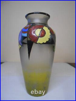 Ancien vase en pâte de verre émaillé fleur époque art déco vers 1925 signé Vicé