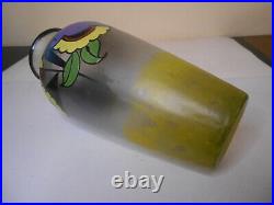 Ancien vase en pâte de verre émaillé fleur époque art déco vers 1925 signé Vicé
