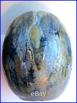 Ancien vase ovoïde ART DECO grès émaillé et flammé bleu signé R. GUERIN 17HS