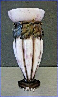 André DELATTE NANCY Vase art deco pate de verre fer forgé-schneider, daum, muller