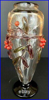 André DELATTE vase Art nouveau Art déco aux baies rouges appliquées à chaud