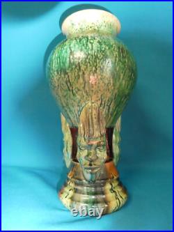 Art Déco Grand Vase En Grés Piétement Avec 3 Masques Têtes Africains Art Déco Grand Vase En Grés Piétement Avec 3 Masques Têtes Africains