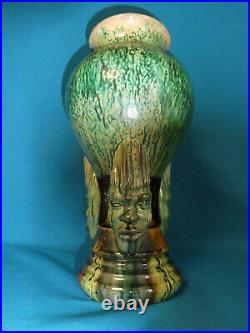 Art Déco Grand Vase En Grés Piétement Avec 3 Masques Têtes Africains Art Déco Grand Vase En Grés Piétement Avec 3 Masques Têtes Africains