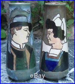 -Art Deco QUIMPER Couple de Bretons Paire de Vases en Grès ou Céramique ODETTA
