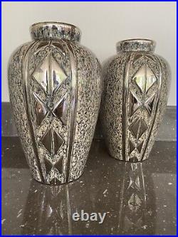Art Deco Splendide Paire Grands Vases Modernistes Céramique Chrome Marbre 1930