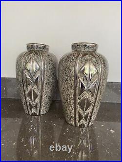 Art Deco Splendide Paire Grands Vases Modernistes Céramique Chrome Marbre 1930