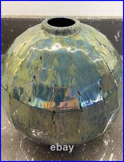 Art Deco Vase Boule Grès Céramique Irisée Nacrée A Pans Géométriques 1930