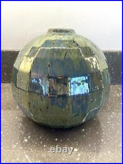 Art Deco Vase Boule Grès Céramique Irisée Nacrée A Pans Géométriques 1930