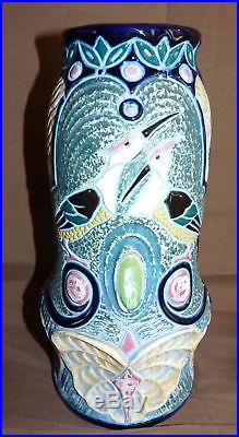 Authentique Grand Vase Amphora Art Deco 1918-1935 Oiseaux Papillons