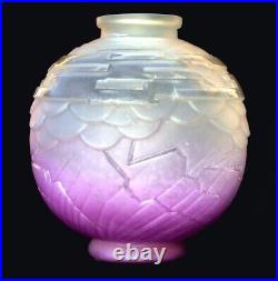 Beau Gros Vase Boule Art-déco Schneider, Parfait, Signé, Rare Modèle Mauve, Era