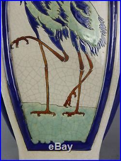 Beau Vase Haut Et Plat Decor Herons Ceramique Emaux Style Art Deco Echassissier