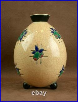 Bel Ancien Vase Ovoide Art Déco En Emaux De Longwy