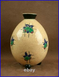 Bel Ancien Vase Ovoide Art Déco En Emaux De Longwy