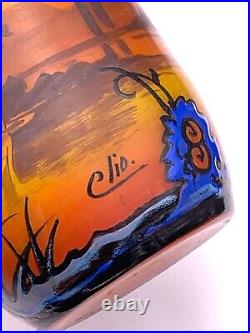 CLIO Ancien vase Art Déco en verre peint et émaillé c. 1920