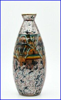 C Tharaud Limoges vase oblongue effet marbré motif relief french vase art déco