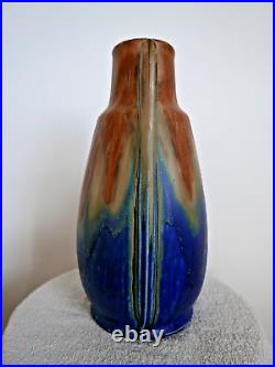 Céramique ART DECO G. Méténier grand vase bleu marron 32 cm