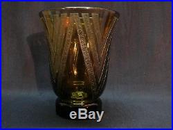 Daum Art Deco / 30 Vase Cornet Ambre Decor Geometrique Degage A L'acide