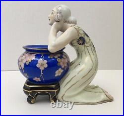 Encrier Porcelaine Sculpture Art Déco Aladin Luxe France Femme Vase Bleu Fleurs