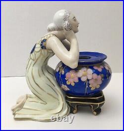 Encrier Porcelaine Sculpture Art Déco Aladin Luxe France Femme Vase Bleu Fleurs