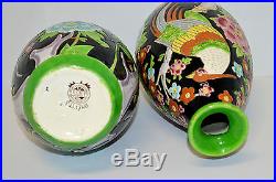 Exceptionnelle Paire Vases Boch La Louviere Oiseaux Exotiques Art Deco Keramis