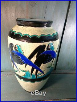 GRAND RARE vase Art Deco Keramis Boch La Louvière Charles Catteau hirondelles