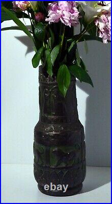 GRAND VASE terre cuite ART DECO neo-babylonien patine verte 40 cm