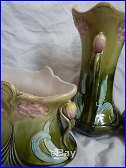 Garniture de cheminée vase jardinière art déco signé n°4327 barbotine