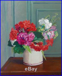 Georges Alfred Pavis Tableau Nature Morte Bouquet Fleurs Vase Rose Art Deco
