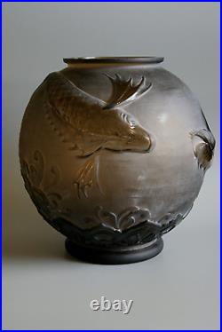 Grand Vase Ancien Art Deco Pierre D'avesn Poisson Volant En Verre