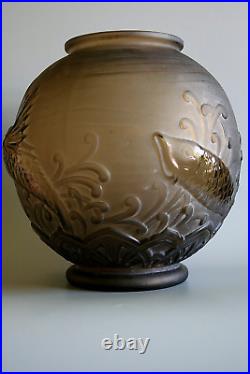 Grand Vase En Verre Poisson Volant Art Deco Antique Pierre D'avesn