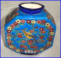 Grand Vase Gourde Art Déco Céramique Emaux de Longwy fleurs oiseaux magnifique