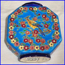 Grand Vase Gourde Art Déco Céramique Emaux de Longwy fleurs oiseaux magnifique