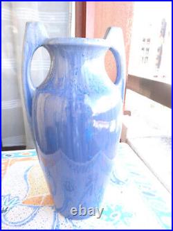 Grand vase Art Déco en Grès de Pierrefonds couleur bleu taille 42 cm